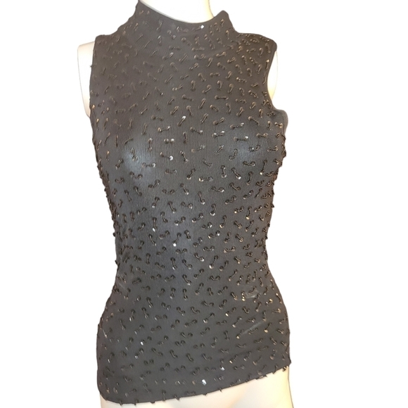 Vintage Cache Turtleneck Sleeveless S Black Beaded - Picture 2 of 2